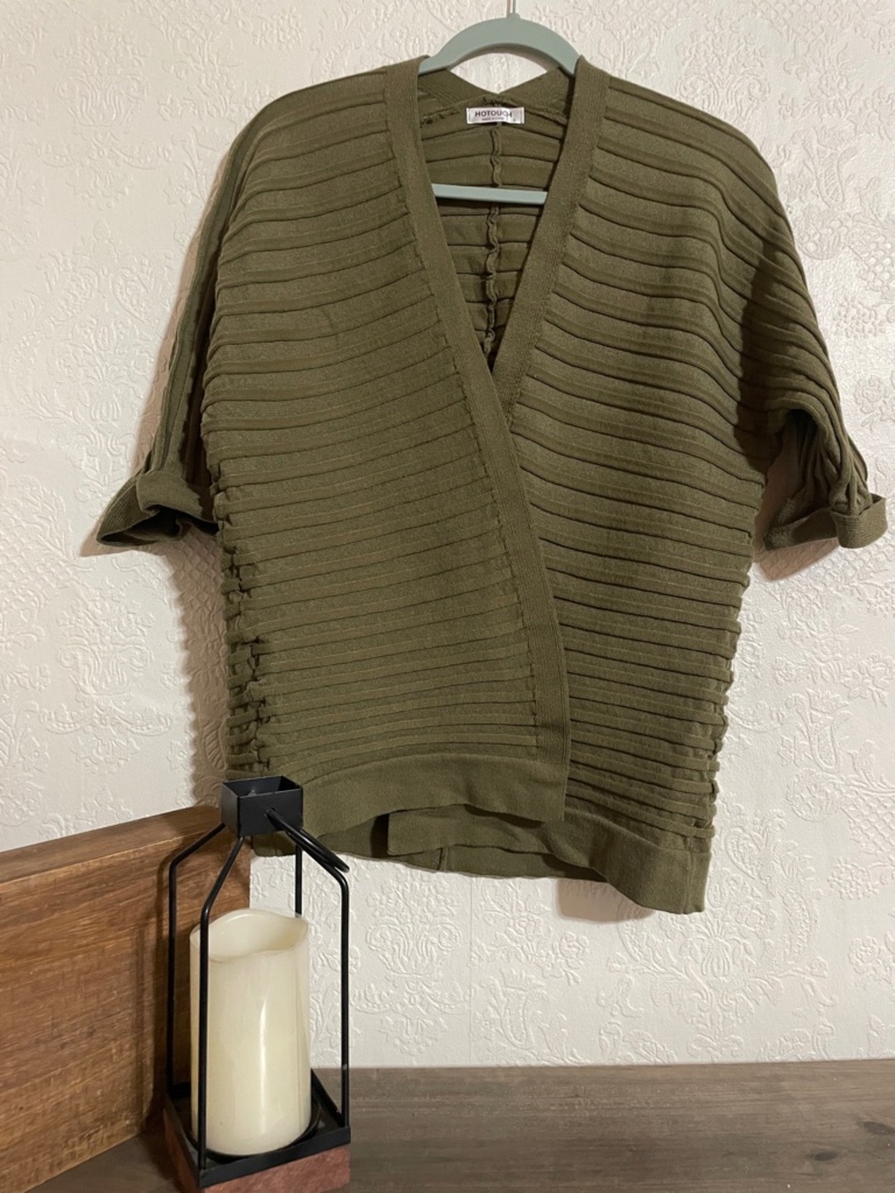 Mossimo Supply Co. Olive Ribbed Wrap-Front Short Sleeve Sweater